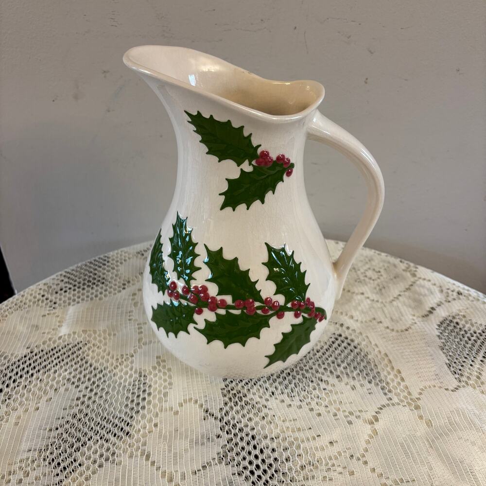 Vintage Holland Mold Christmas Holly Berry Ceramic Pitcher